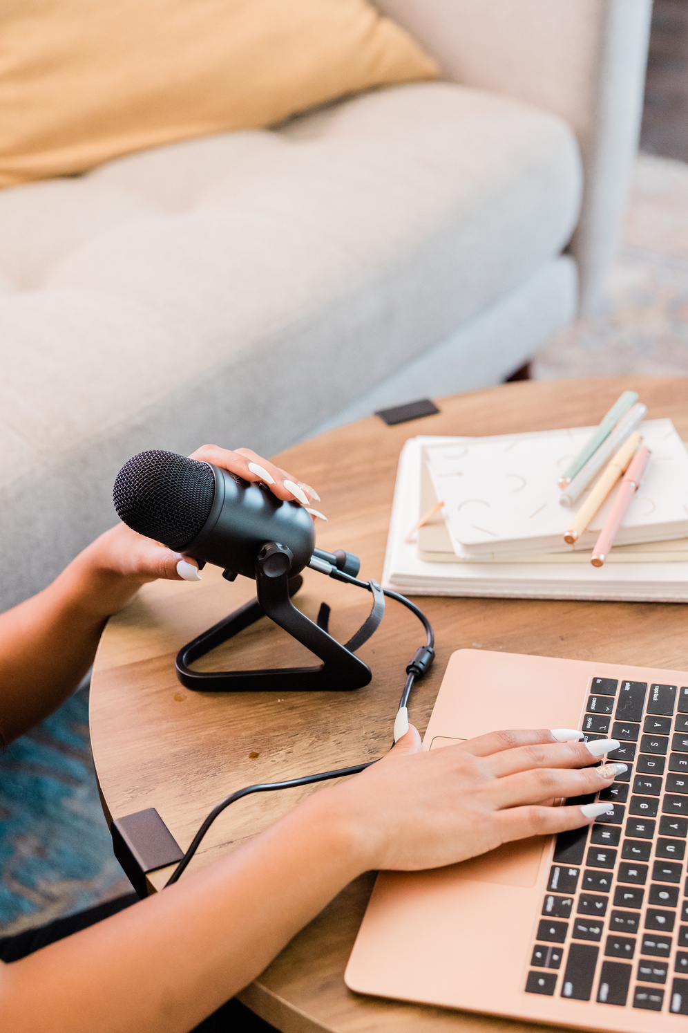 Woman Recording a Podcast in Her Living Room